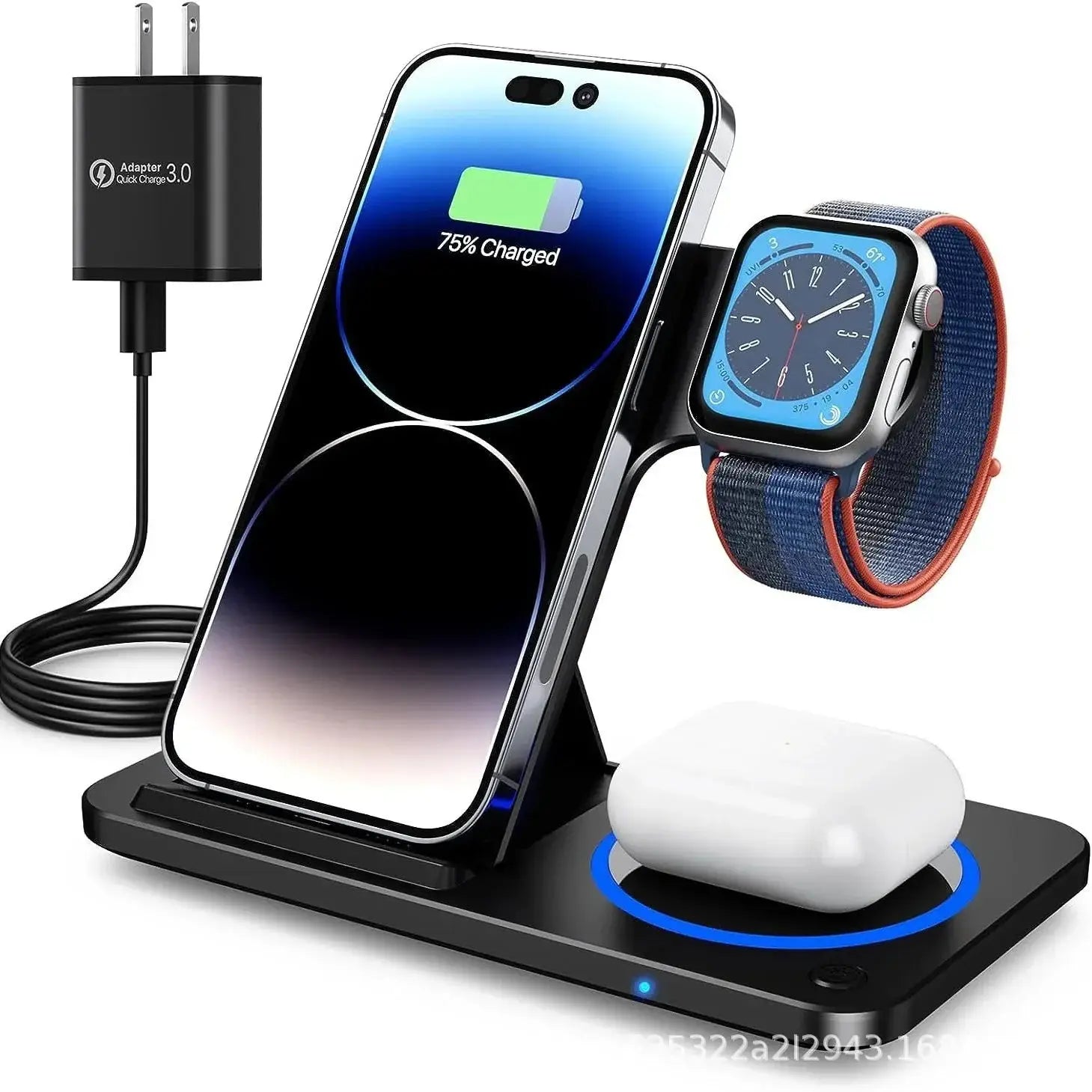 30W 3-in-1 Fast Wireless Charging Station – Foldable Charger Stand for iPhone 15/14/13/12/11, Apple Watch 9–5 & AirPods Pro