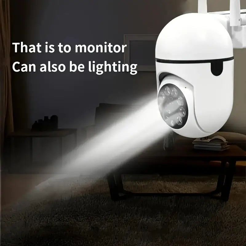 WiFi Security Camera 1080P HD with built-in spotlight for illumination and monitoring, suitable for indoor use with color night vision and motion detection.