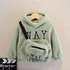 Green kids' hoodie with 'WAY' lettering and matching bag.