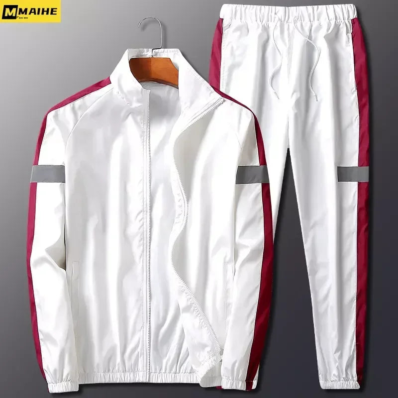 White men's 2-piece tracksuit set with maroon and gray accents.