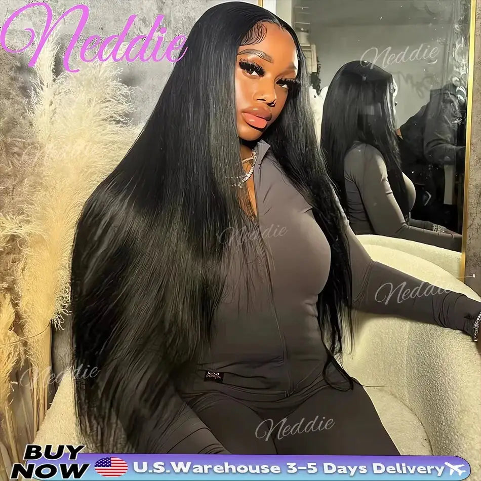 Glueless Brazilian Human Hair Wig Bone Straight with HD Transparent Lace 4x4, 5x5, 13x4 & 13x6 Lace Front Options in Natural Black