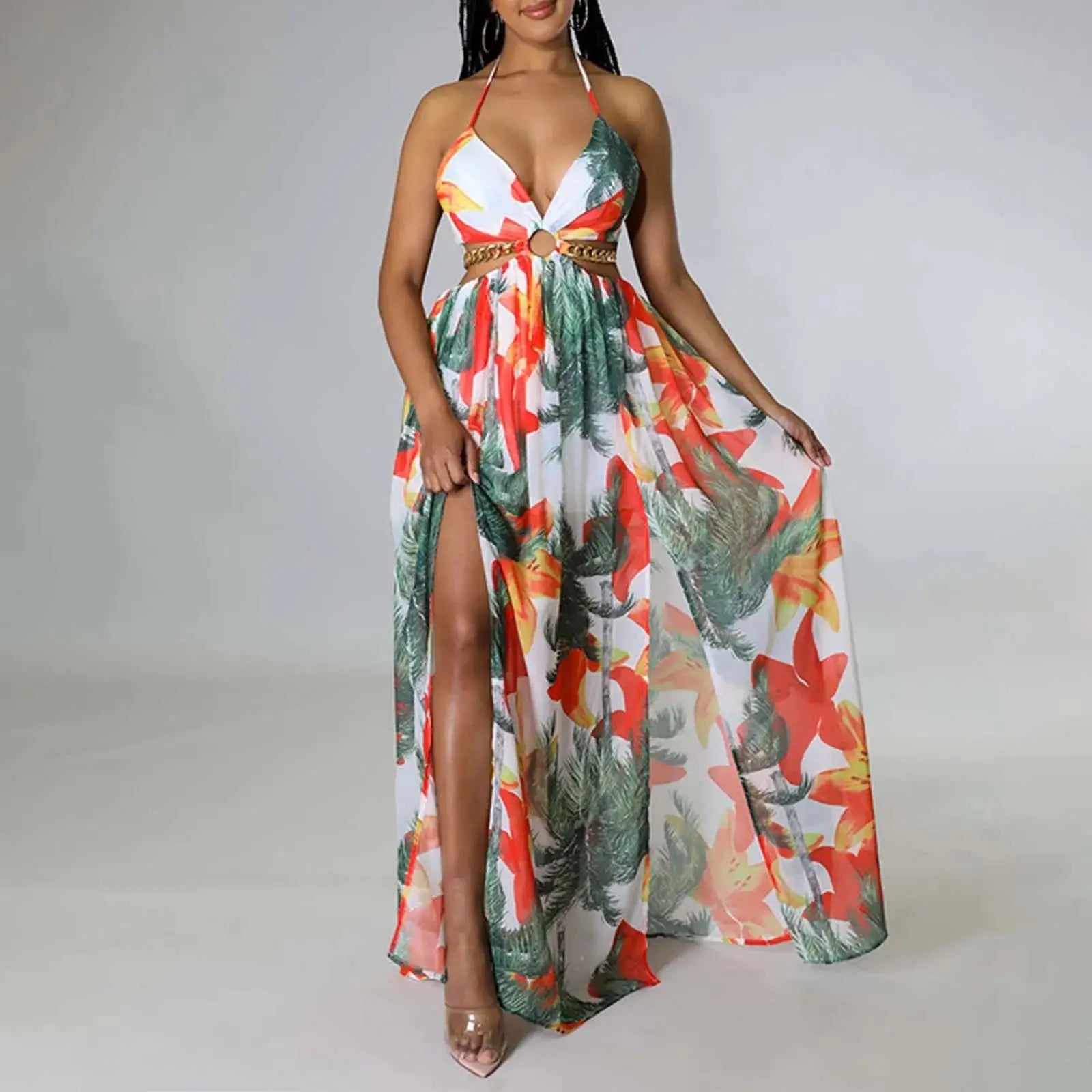 Women’s floral print maxi dress with halterneck and high split, elegant summer camisole-style outfit