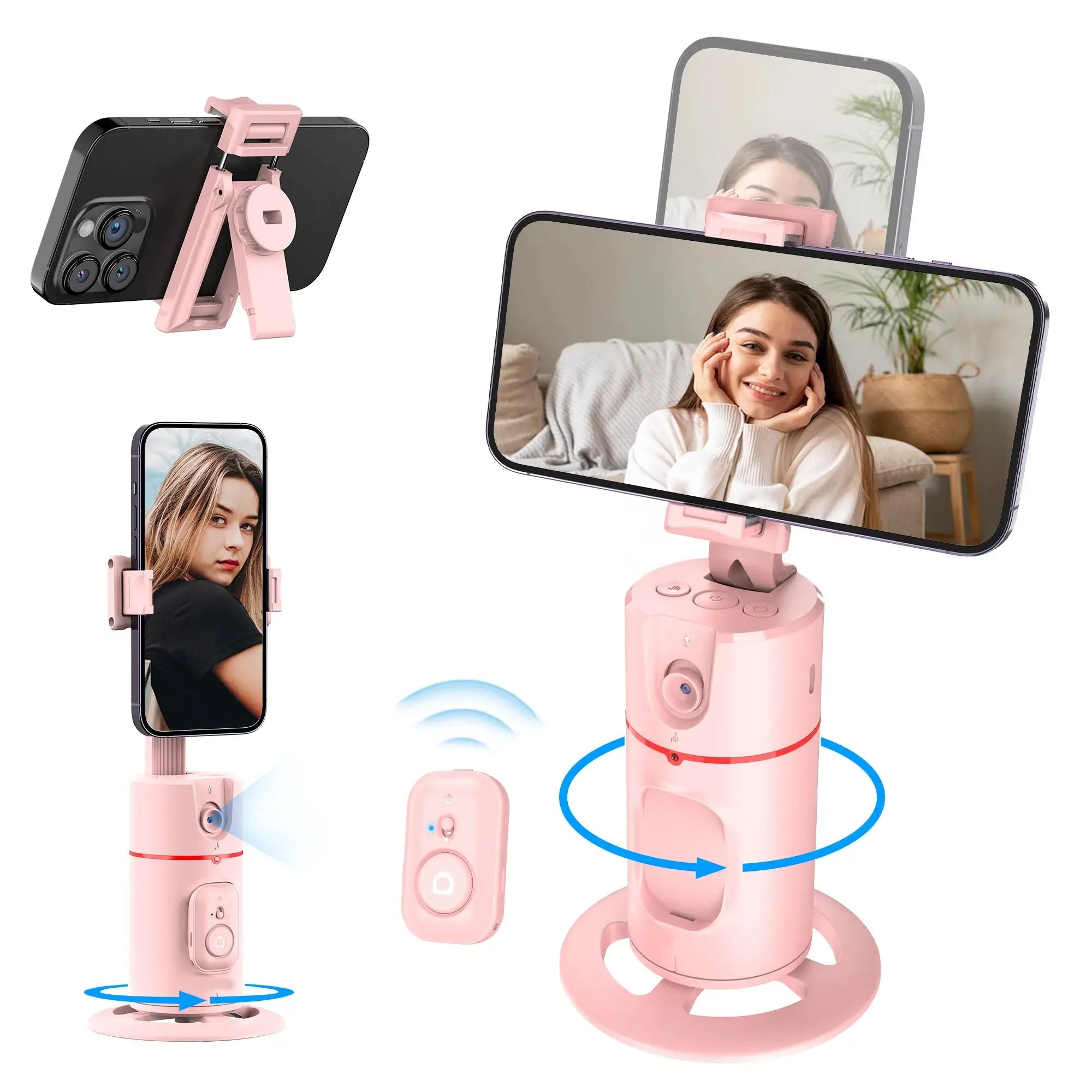 Pink version of 360° AI tracking gimbal stabilizer with wireless remote and detachable phone holder for vlogging and selfies.