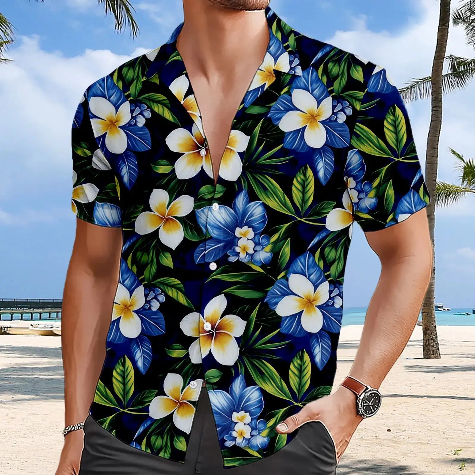 Men’s shirt, short sleeve button-down with tropical floral 3D print in blue and yellow, ideal lightweight summer beachwear for vacation.