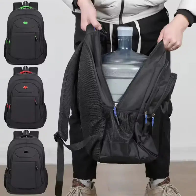 Spacious men’s waterproof Oxford backpack shown holding a large water container, highlighting its high capacity for travel or school.