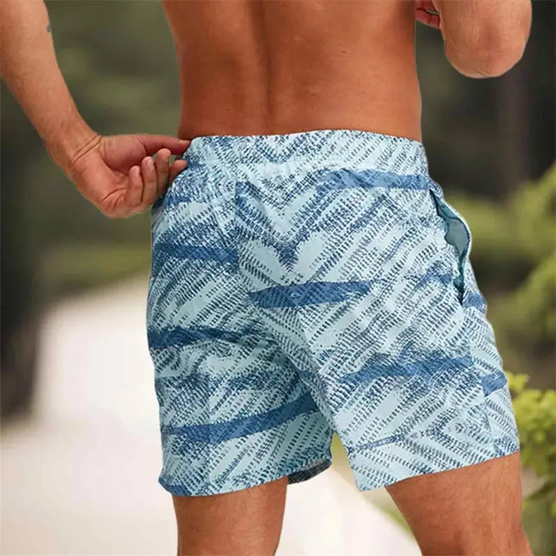 Men’s Quick-Dry Swim Trunks Tropical Palm Print Beach Shorts with Elastic Waist & Drawstring