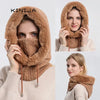 Brown women's winter fur hat with hood