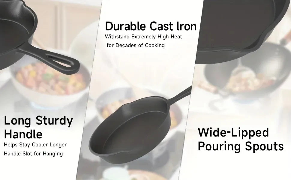 Cast Iron Skillet Set 3 Piece with Pre Seasoned Heavy Build