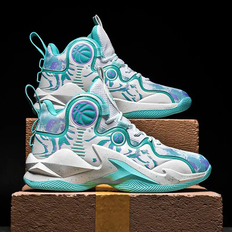 Teal and white graffiti basketball shoes for men with breathable mesh, non-slip sole, and stylish high-top design for outdoor use.