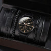 Men's watch set with black leather strap and bracelets