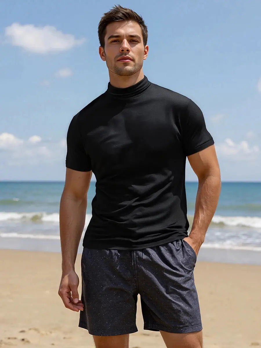 Men’s Casual High-Neck T-Shirt – Solid Color Short Sleeve Basic Tee for Summer Everyday Wear