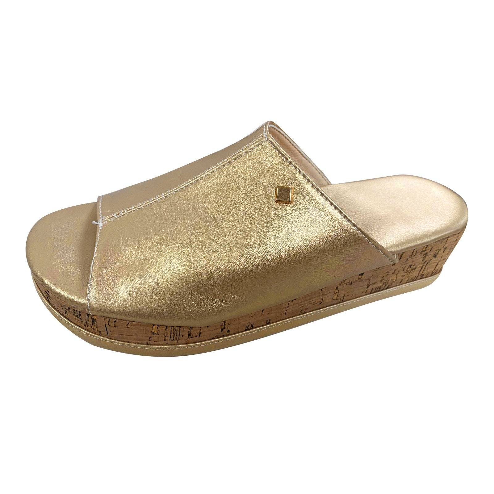 Gold Roman-style wedge sandal with cork platform, a chic and comfortable choice for women’s summer footwear.
