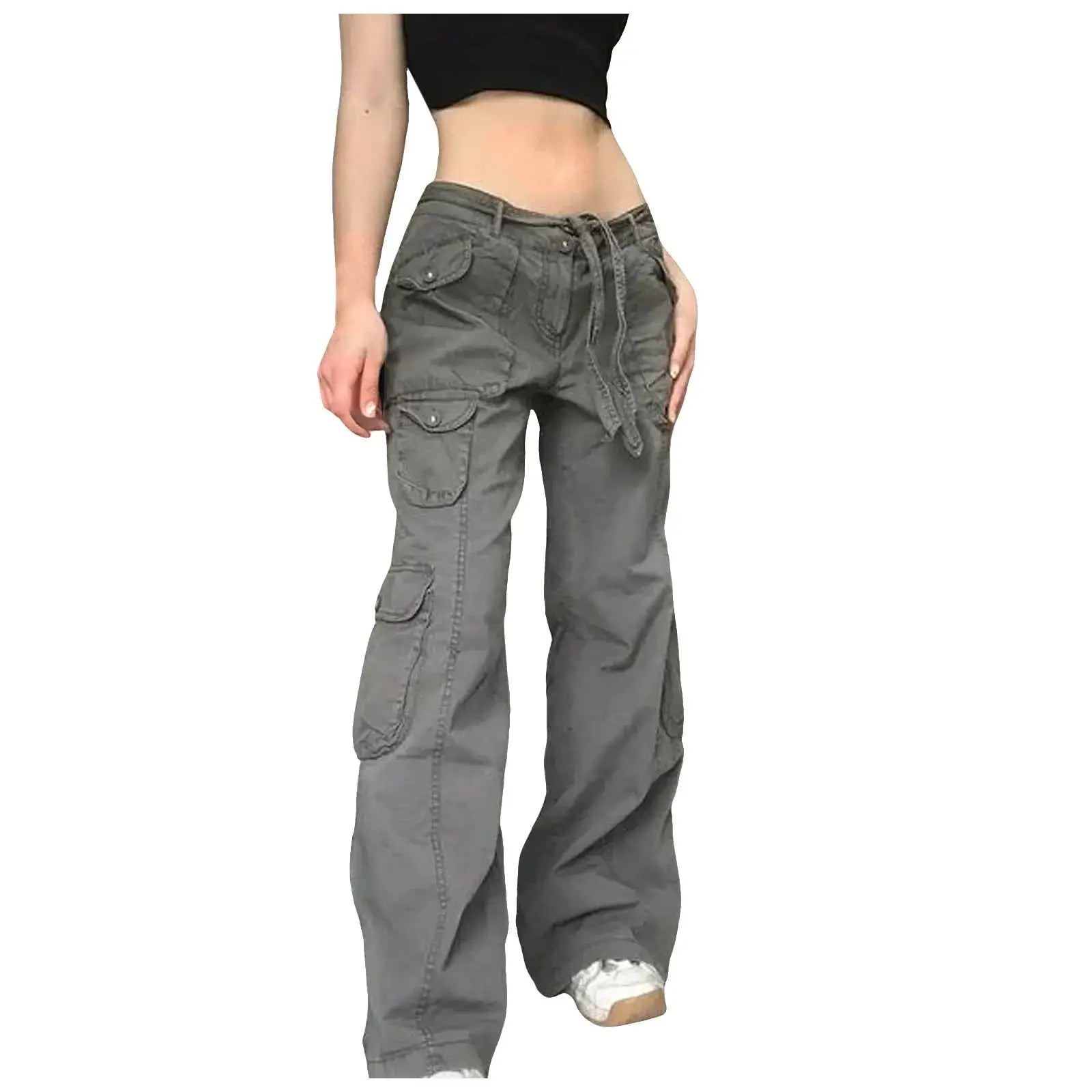 Unisex grey camouflage cargo pants, wide leg streetwear, straight cut hip hop style with elastic waistband
