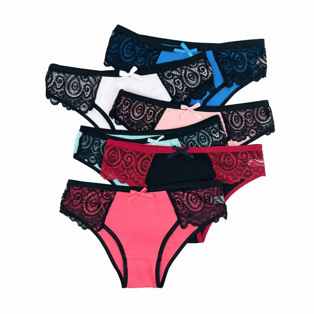 5-pack women's lace low-rise cotton panties in assorted colors with bow detail, designed for daily comfort and breathable wear.