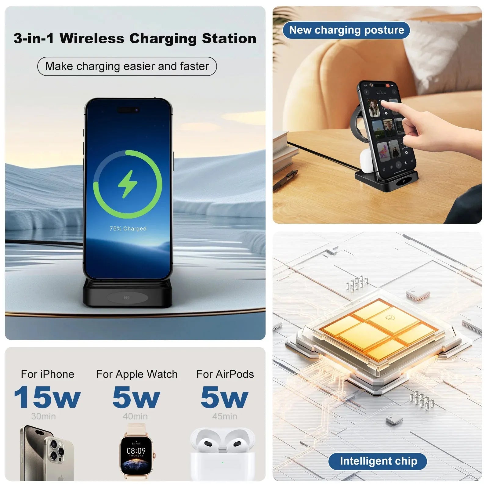 3 in 1 Magnetic Charging Station with Fast Wireless Design