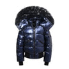 Navy blue winter down jacket with fur hood