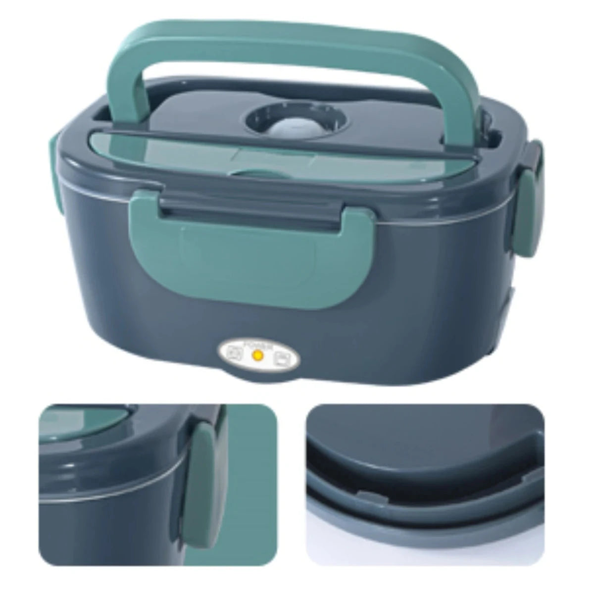 Close-up of electric lunch box with secure lid snaps and steam vent, designed for portable meal warming with 1.5L capacity.