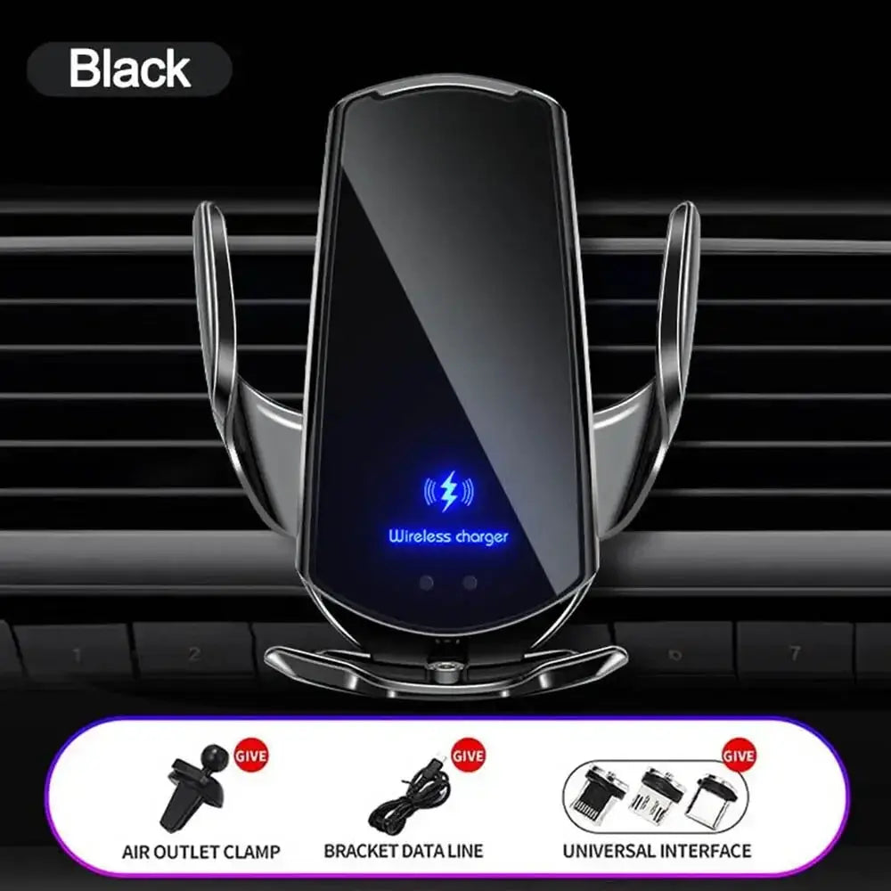 Black 15W fast wireless charger with smart sensor, auto-clamping stand, and included accessories for car air vent mounting.
