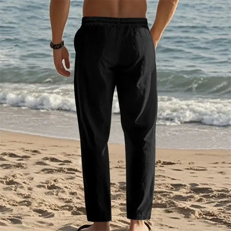 Men's lightweight linen pants with drawstring and pockets in black, straight-leg summer trousers ideal for beach and casual wear.