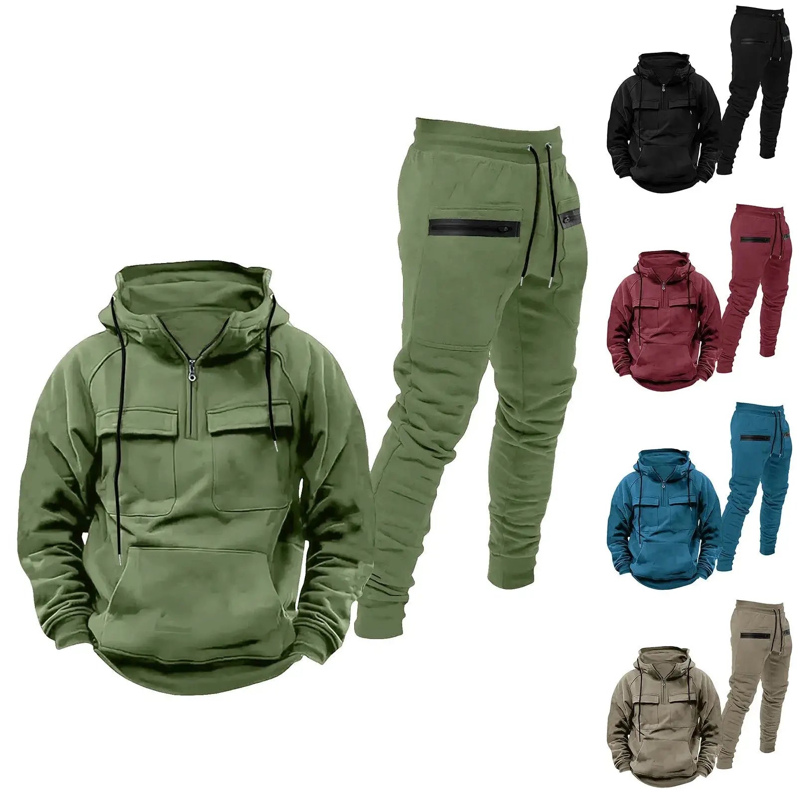 Solid color men’s 2-piece tracksuit set with half-zip hoodie and drawstring pants, available in black, red, blue, green, and beige.