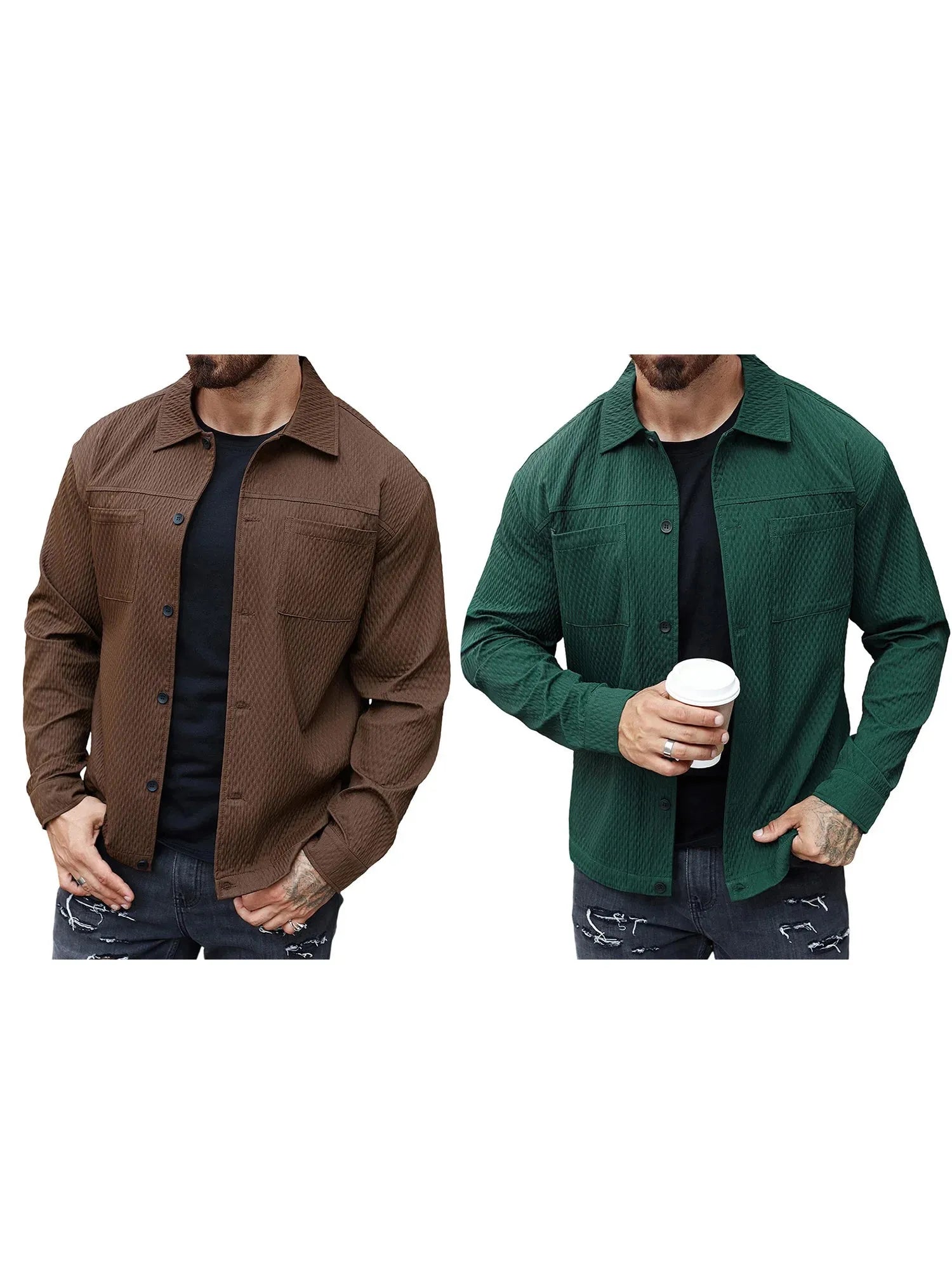 Casual Shirt Jacket Men with Solid Button Up Long Sleeves