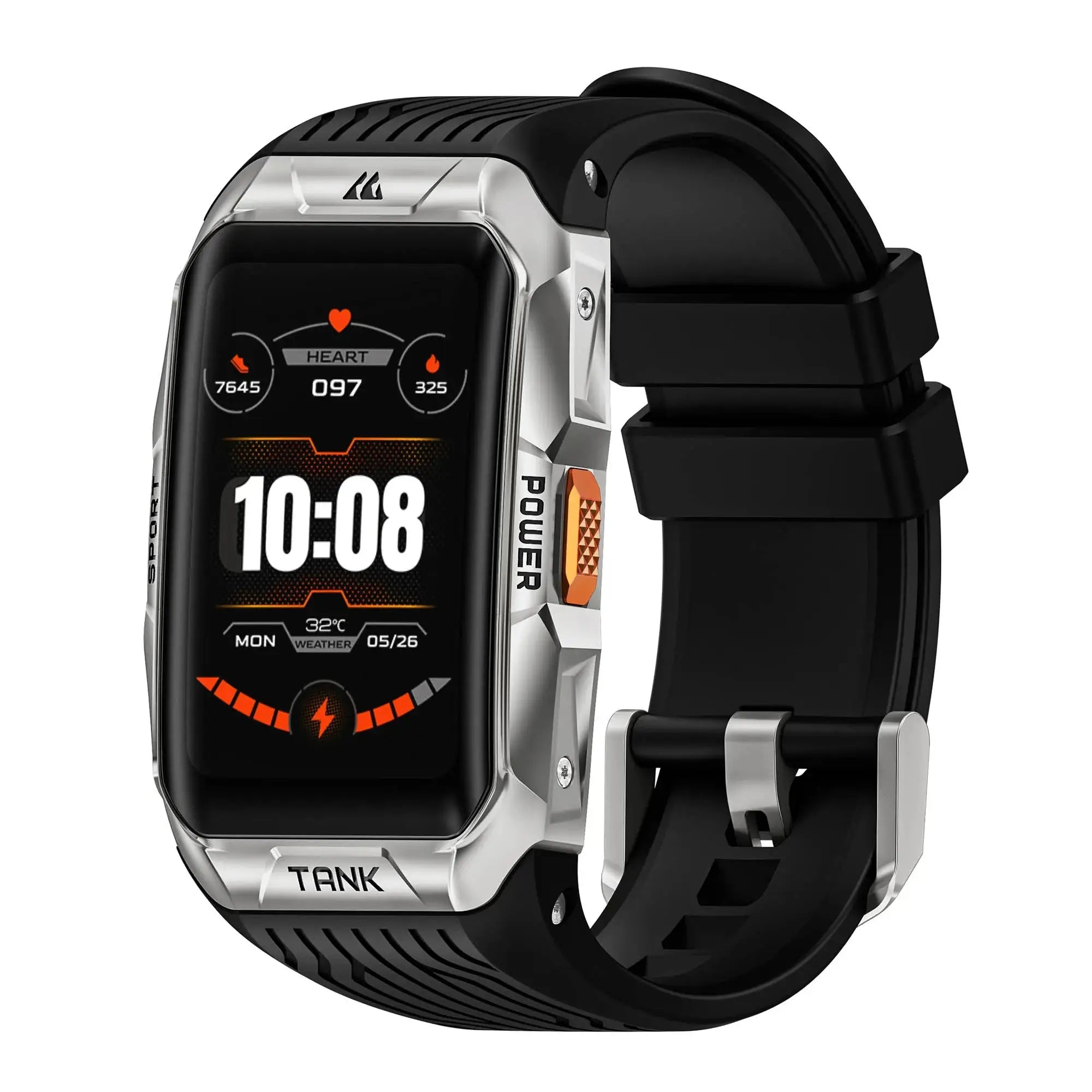 Smartwatch for Men 1.64" AMOLED in silver finish with fitness tracking, heart rate monitoring, and rugged design for active lifestyles.