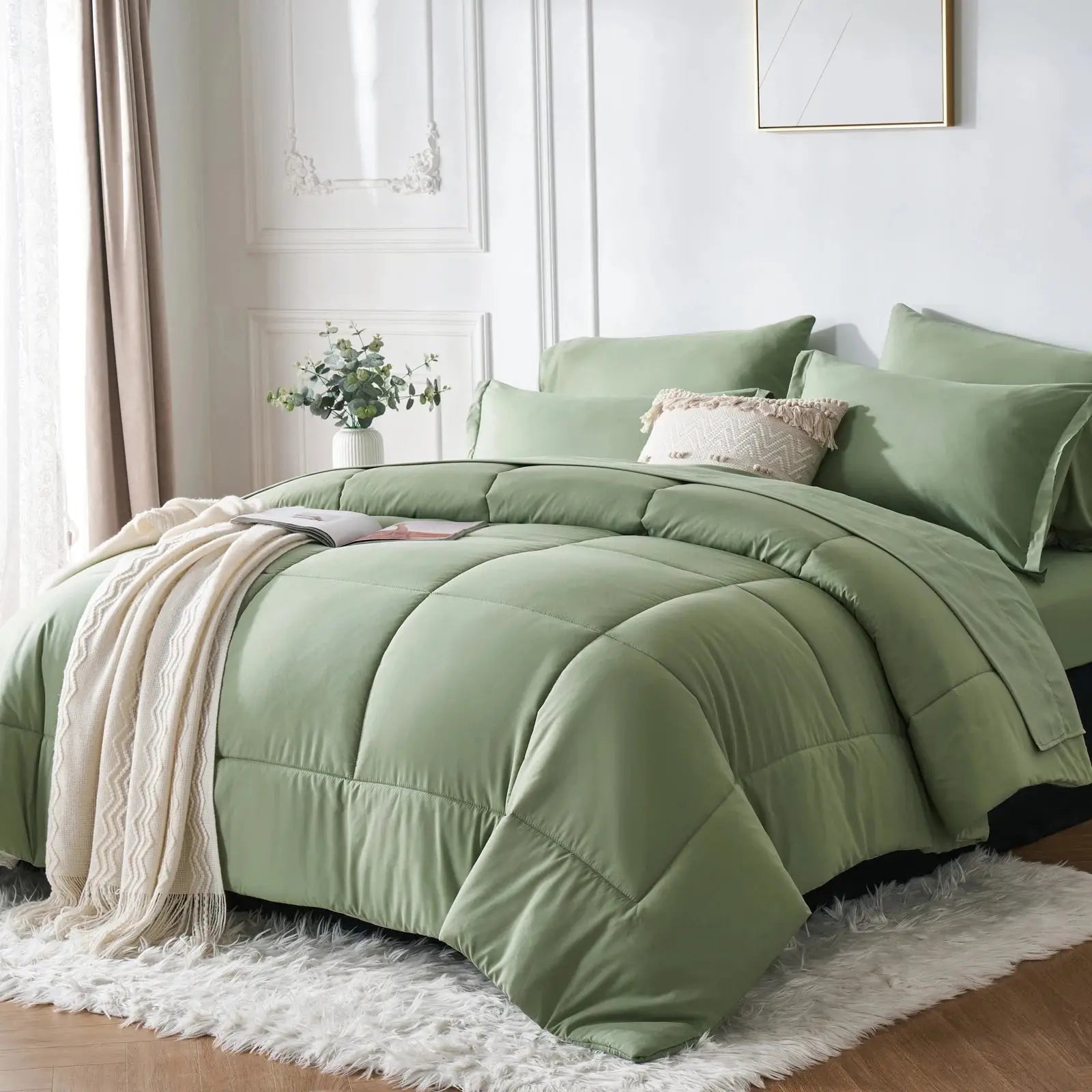 7-piece Queen bed-in-a-bag set with solid geometric comforter, sheets and pillowcases included