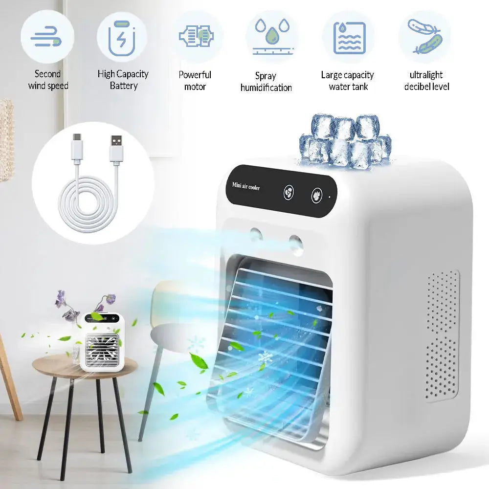 Mini Air Cooler Fan – 2-Speed USB Rechargeable Mist Humidifier with 500ml Water Tank & 1800mAh Battery for Home, Office & Dorm