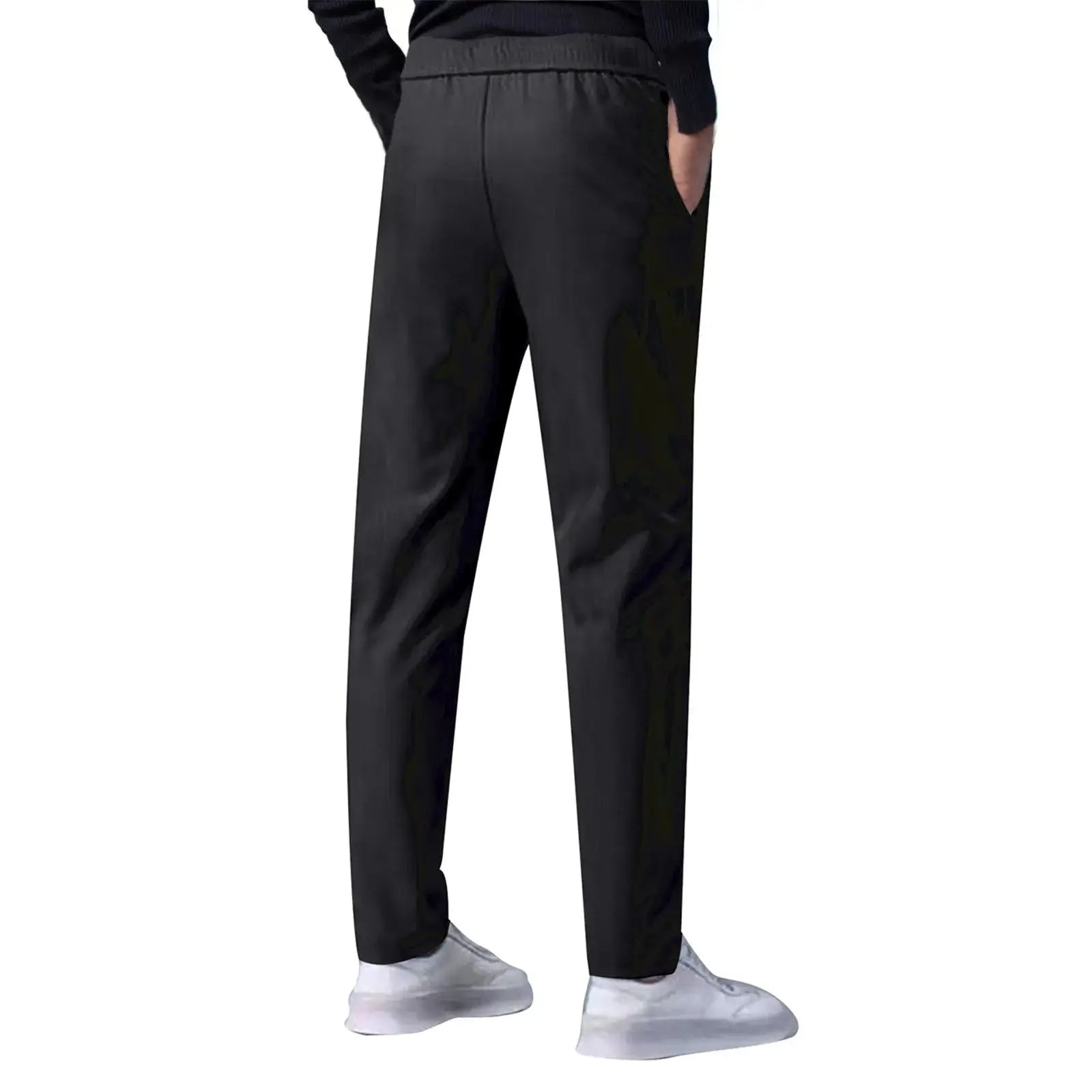 Back view of black men’s quick-dry stretch pants featuring breathable ice silk fabric, mid-waist loose fit and straight-leg style.