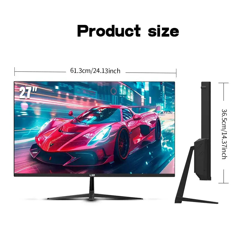 Dimensions of 27-inch curved monitor shown with 24.13-inch width and 4.37-inch depth, ideal for PC or home entertainment setups.