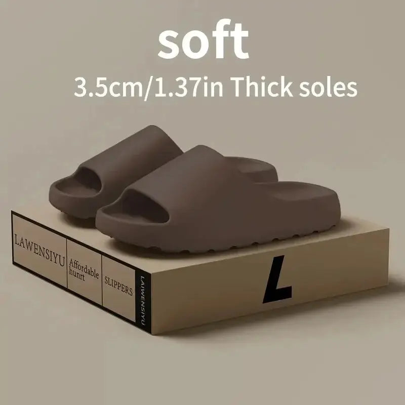 Brown 1 Pair Cloud Cushion Slippers for Men & Women displayed on box, showcasing 3.5cm thick soft sole for cushioned summer wear.