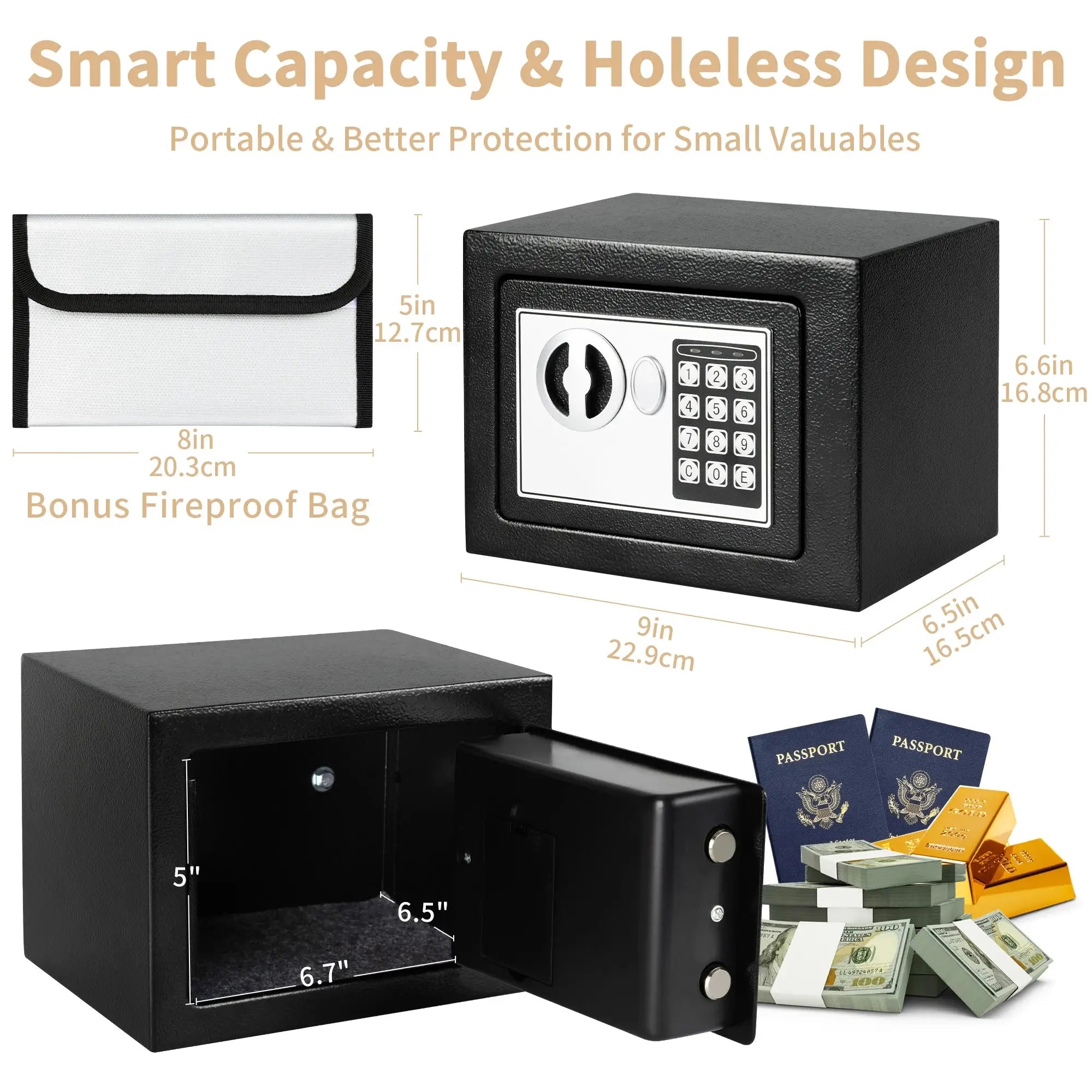 Deli 0.2 cu ft digital steel safe box with fireproof money bag, secure home storage for cash and hidden valuables