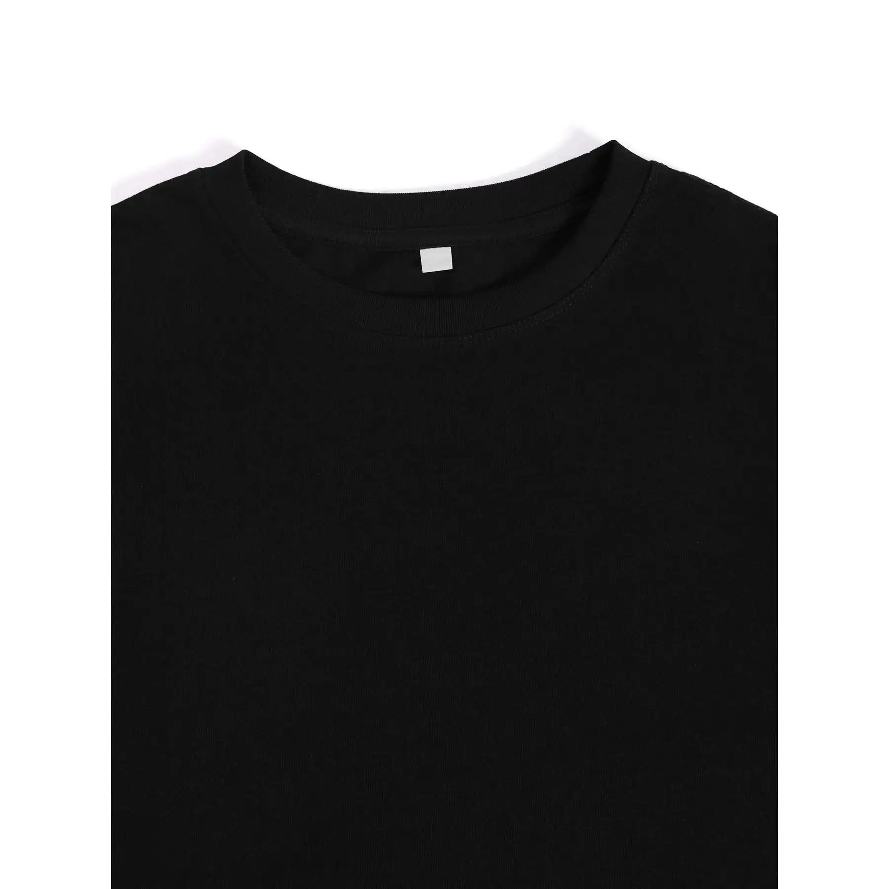 Close-up of the black crew neck collar on the women’s graphic T-shirt with American flag butterfly and floral design.