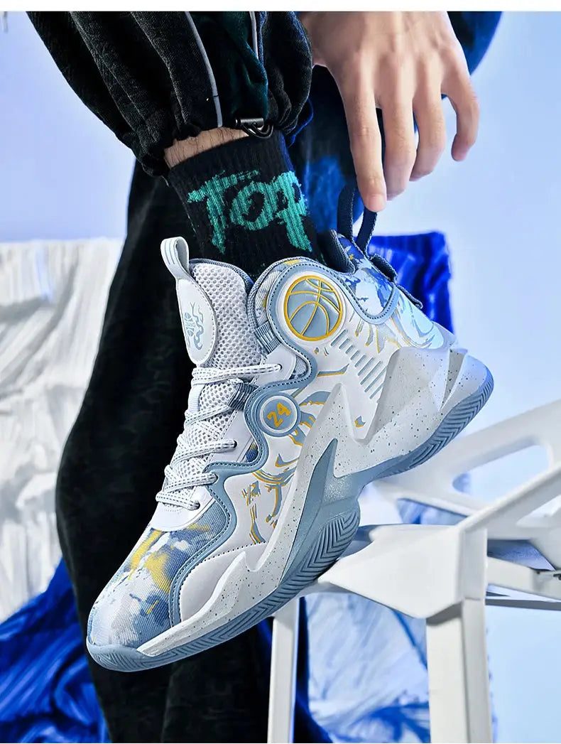 Man holding blue graffiti basketball sneaker, showing detailed design, breathable mesh, and high-top ankle support for men.