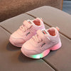 Pink LED sneakers for kids, anti-slippery design.