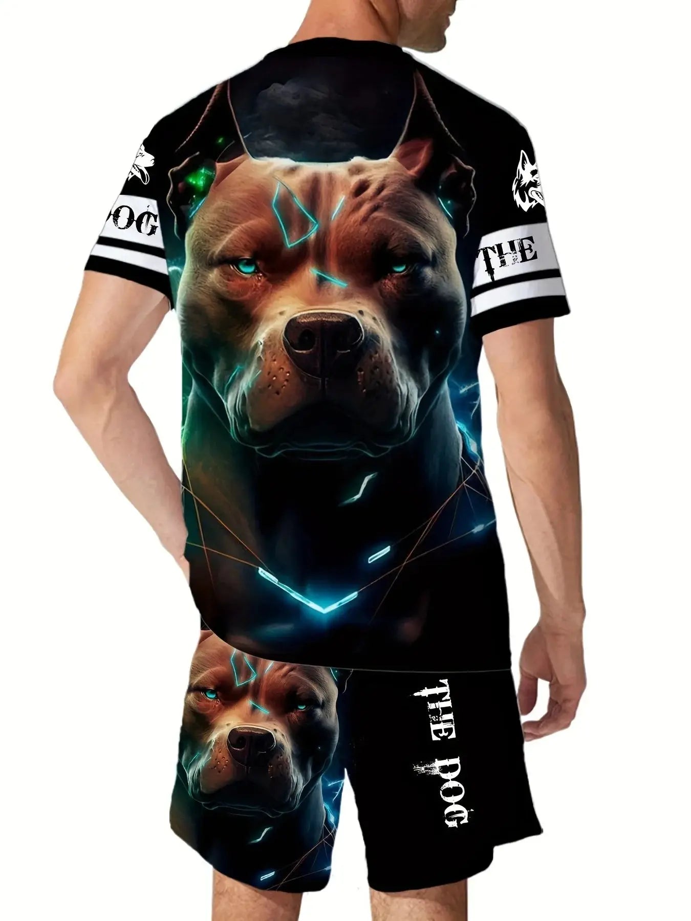 Back view of men's 2-piece summer outfit with bold 3D pitbull design on shirt and shorts, ideal for casual streetwear and summer fashion.