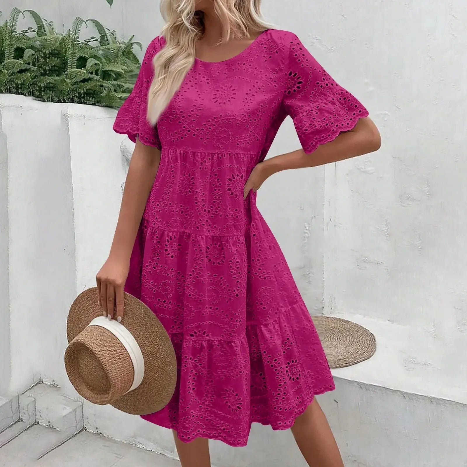 Women’s boho white lace dress, casual short sleeve sundress with pleats and hollow-out details