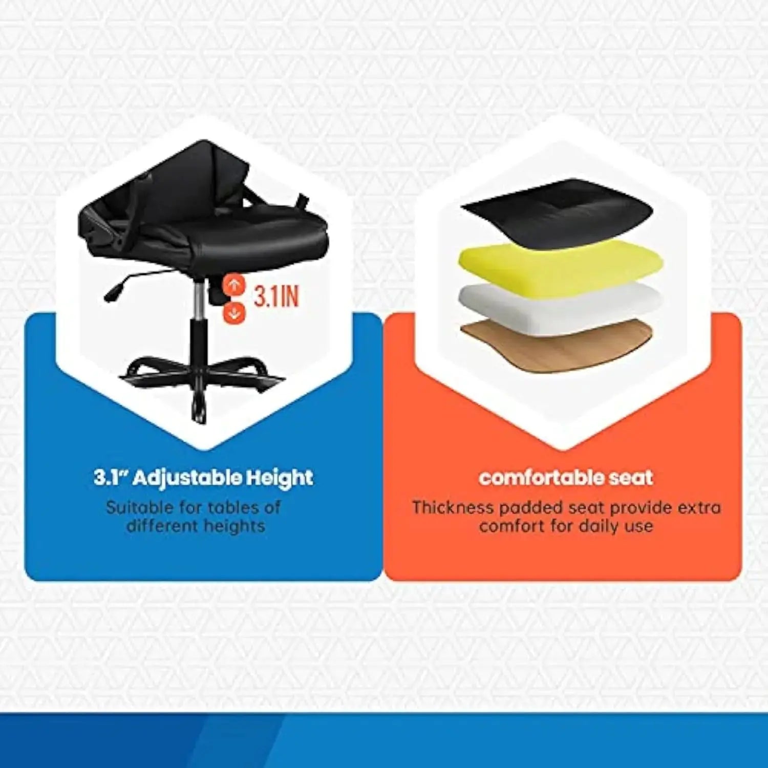 Adjustable height ergonomic office chair with thick padded seat layers for enhanced comfort and support during long work hours.