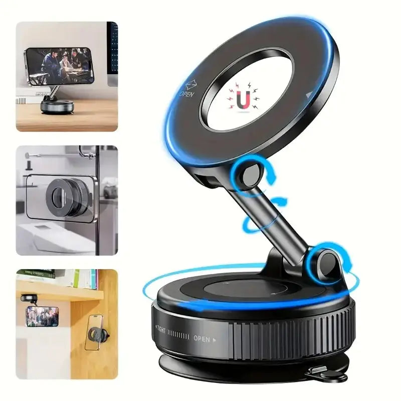 Magnetic Foldable Car Phone Holder – 360° Rotating Mount with Vacuum Suction Cup – Multi-Angle Adjustment for Car & Wall