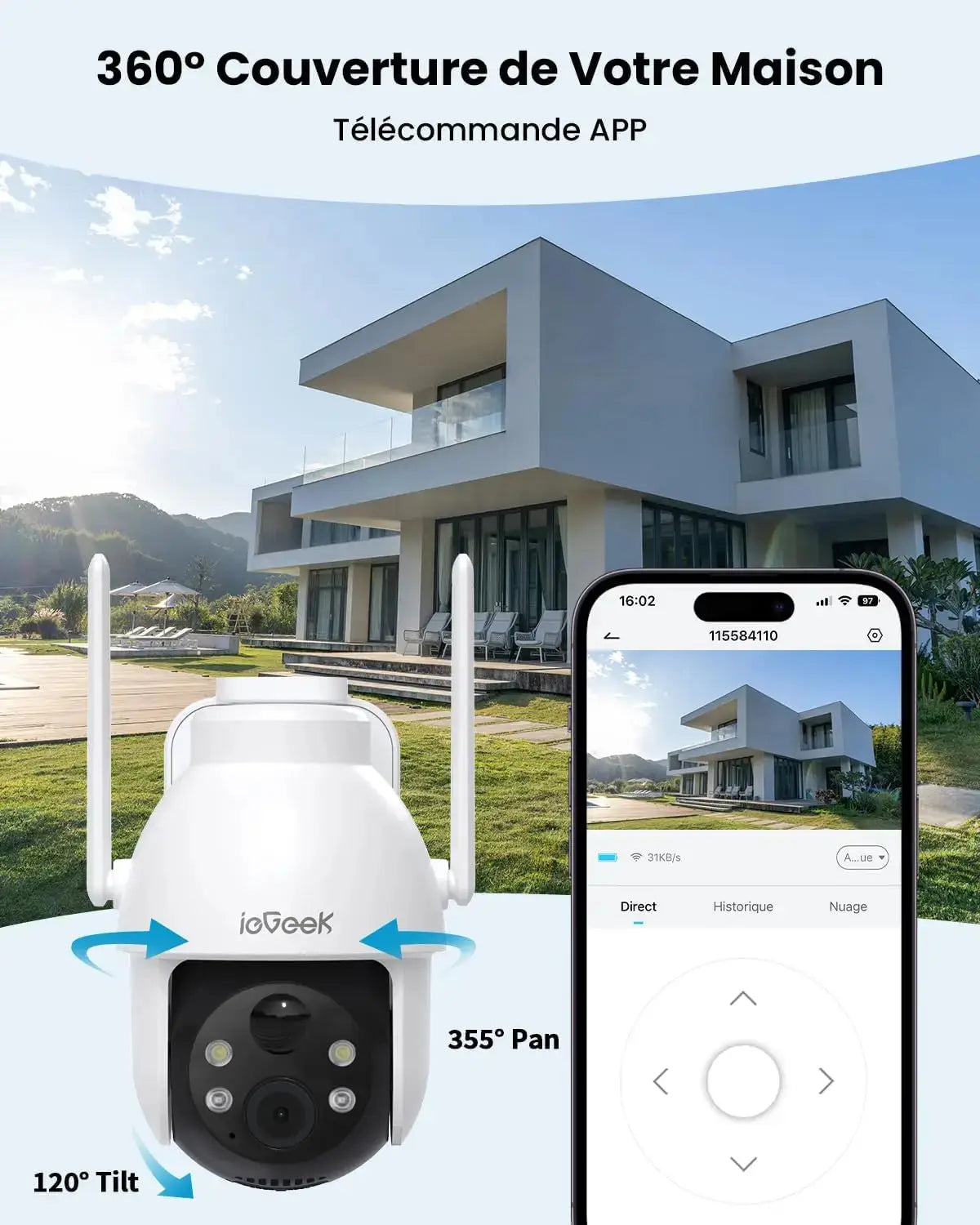 2K 3MP Outdoor Solar Security Camera 360° PTZ with PIR Motion Sensor & Color Night Vision