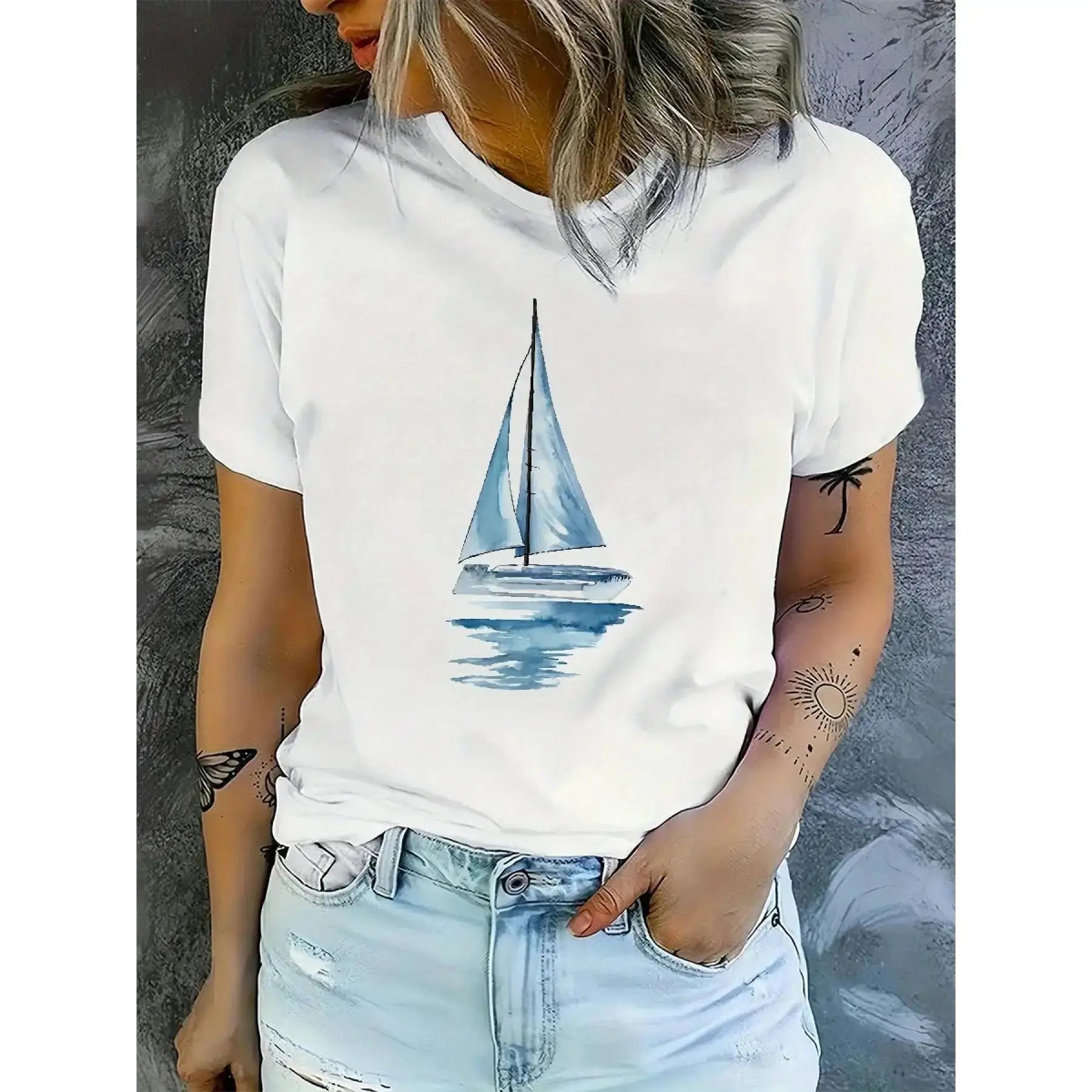 Women’s Sailboat Print Casual T-Shirt – Crew Neck Short Sleeve Tee for Spring, Summer & Fall Outfits