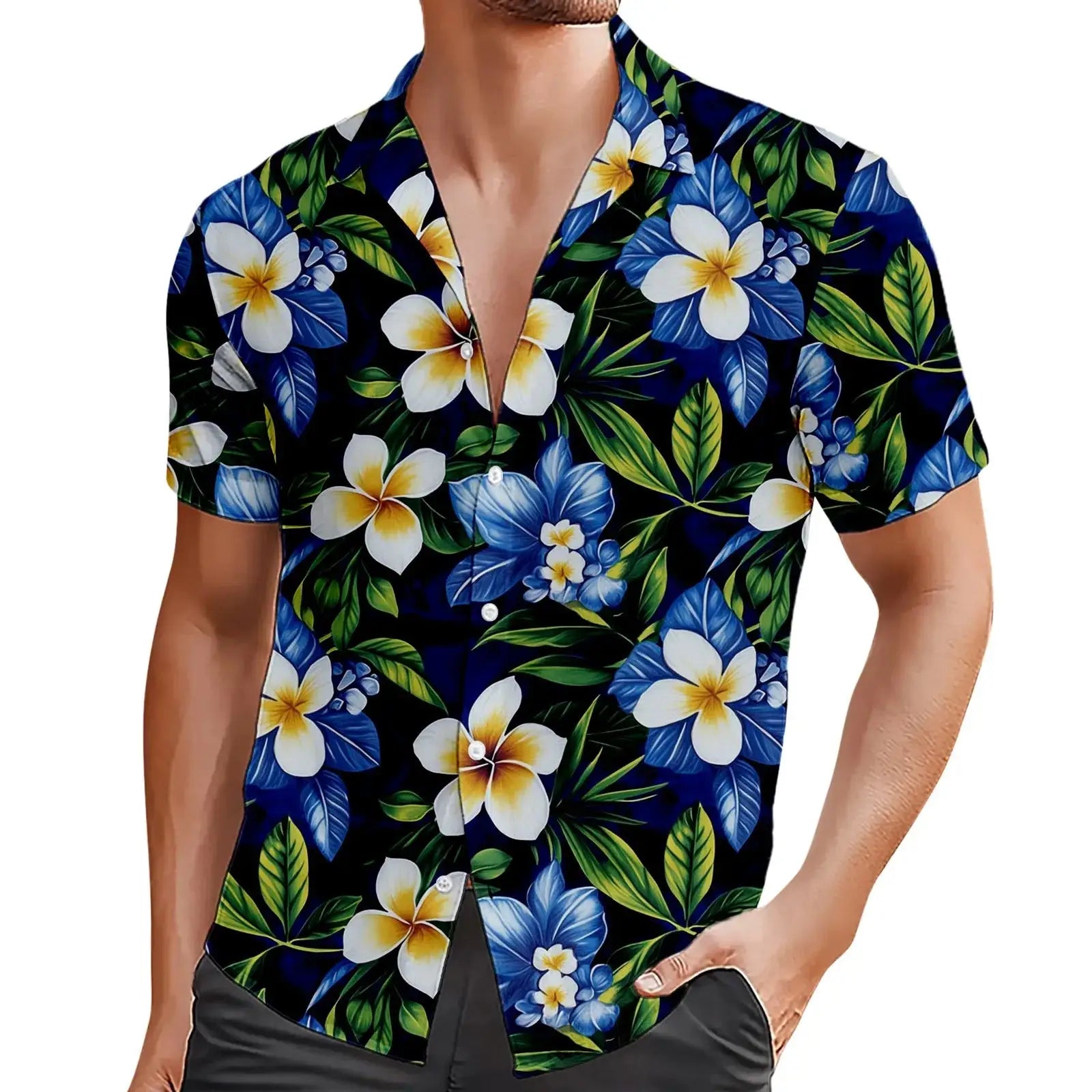 Lightweight men’s summer shirt with tropical floral 3D print, short sleeves, and button-down design, styled for beach vacations.