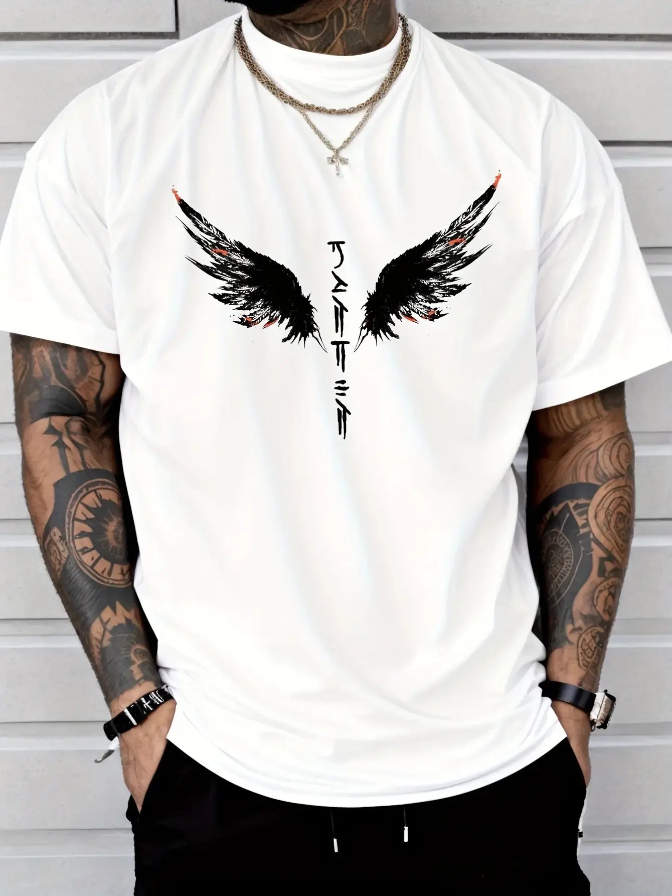 Mens Graphic T-Shirt Angel Wings Print & Japanese Calligraphy Black White Crewneck