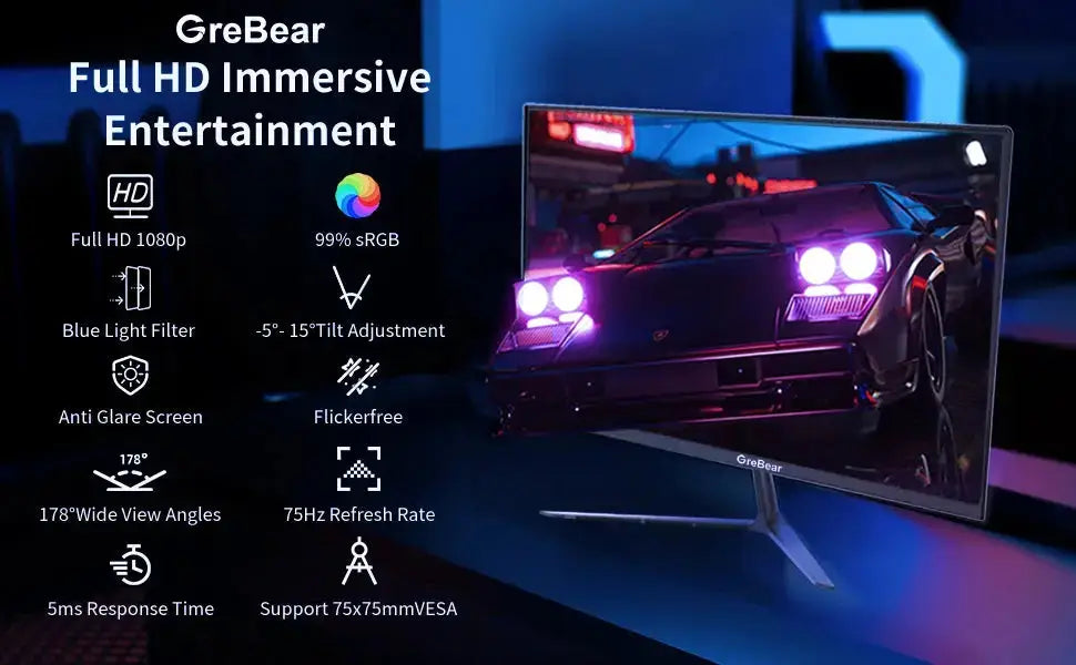 GreBear 24" IPS FHD 1080p Monitor – Ultra-Slim LED Screen, 5ms GTG, 99% sRGB, Low Blue Light Display