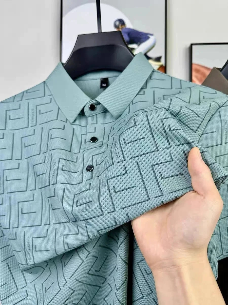 Light green short sleeve silk t-shirt for men with geometric pattern.