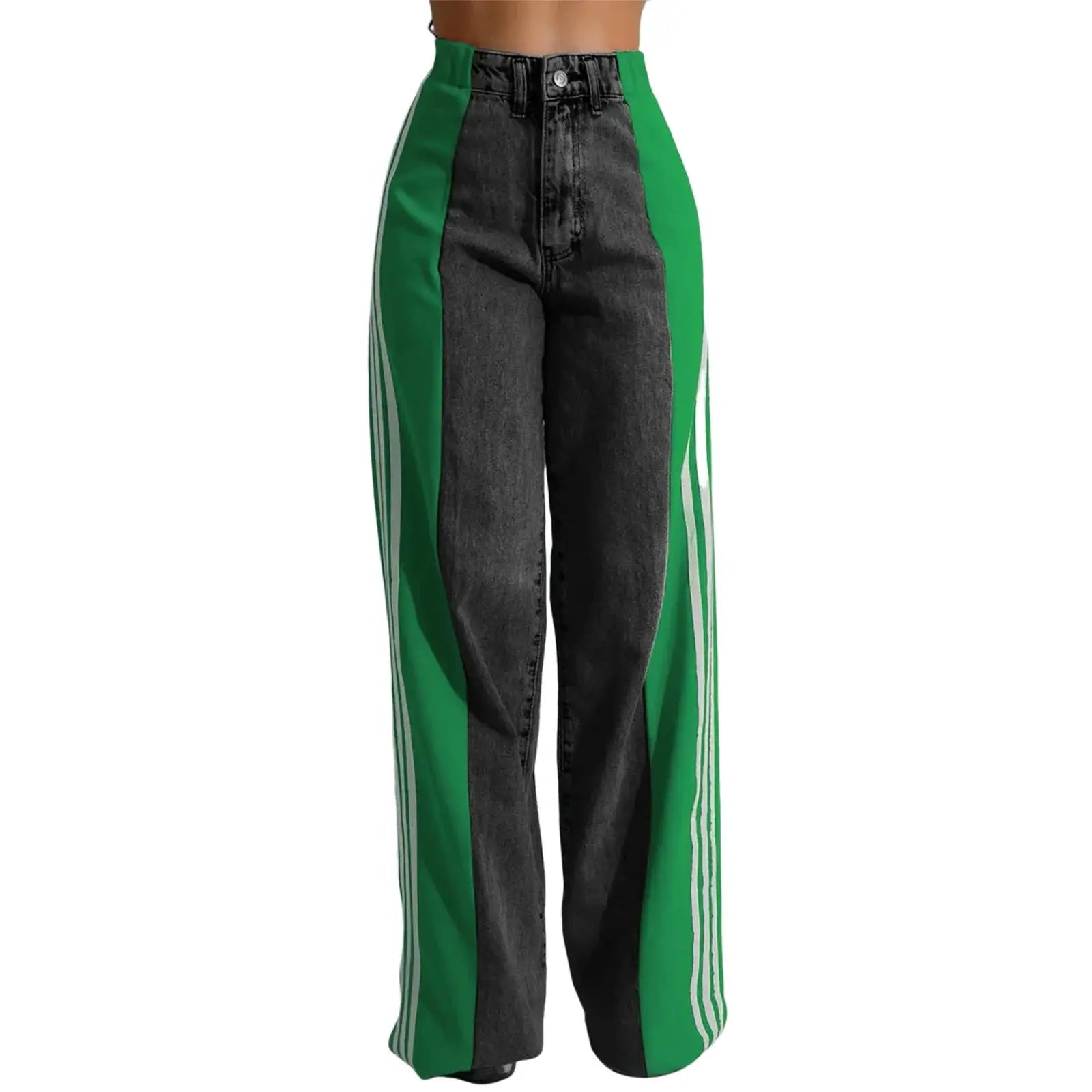 High waist wide leg jeans in black denim with green side panels, trendy baggy fit for women’s spring streetwear collections.