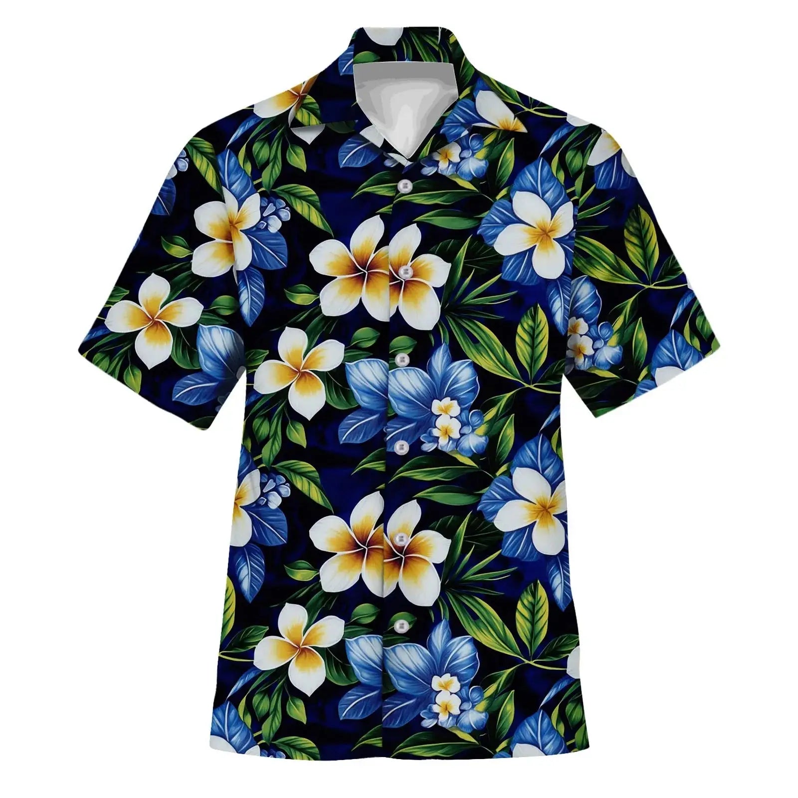Short sleeve men’s button-down shirt with vibrant tropical floral 3D print, perfect for summer vacations and beachwear style.