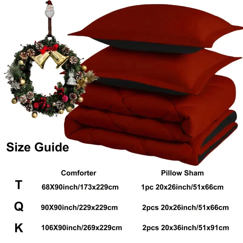 Size guide for reversible microfiber comforter set with pillow shams in red and black, available in Twin, Queen, and King sizes.