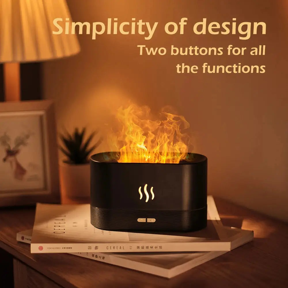 Black perfume humidifier with flame effect on a table.