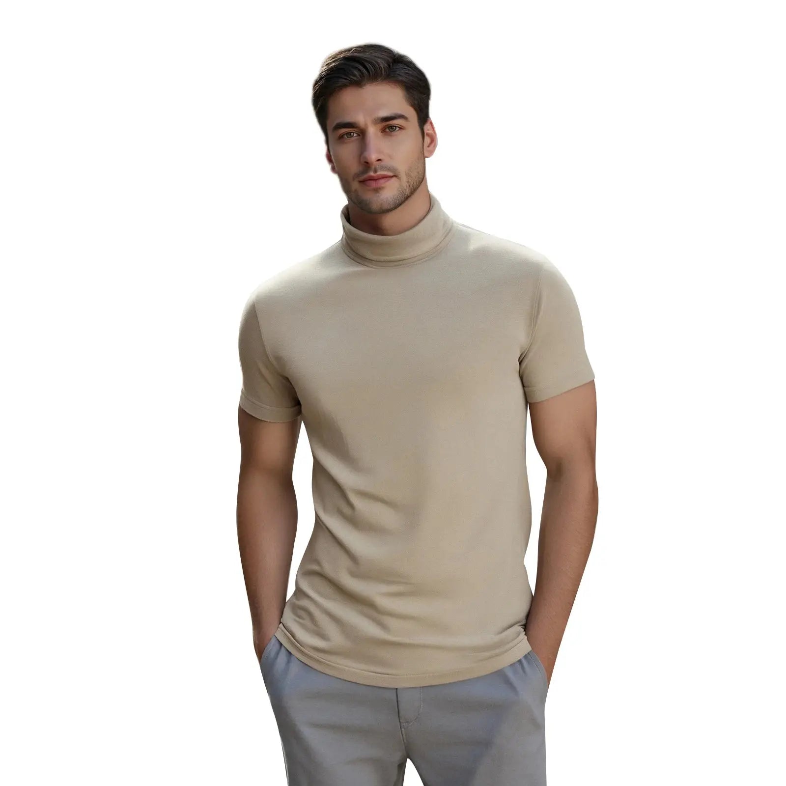 Men’s Casual High-Neck T-Shirt – Solid Color Short Sleeve Basic Tee for Summer Everyday Wear